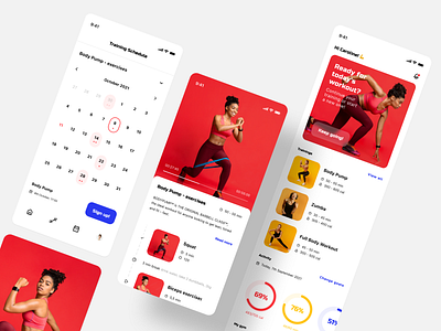 Fitness app - concept design activity app design bottom menu calendar charts concept design exercises fitness app flat design goals icons mobile app photos progress red schedule sport timeline treining workout