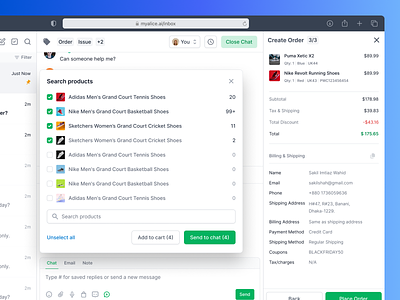MyAlice Inbox Order Creation business manager buyer chat commerce customer design ecommerce figma helpdesk inbox myalice order order creation shop store support ui ux