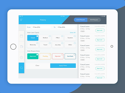 Leave request-history-filter corporate corporate design filter filter ui history interaction design interprise design ios ios app design ipad app ipad design ipad interface leave request leaves mobile app mockup shift request ui ux visual design