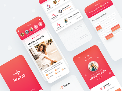 Kama App - Stop Texting, Start Dating 2020 cards clean date dating app heart iphone love match mobile app design orange passion passionate product design progress red swipe uiux user experience user interface design