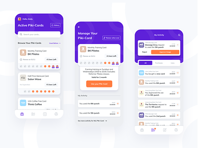 The Future of Loyalty Cards application cards home screen loyalty cards manage mobile app design my activity orange product design punch card purple ui uiux user interface design