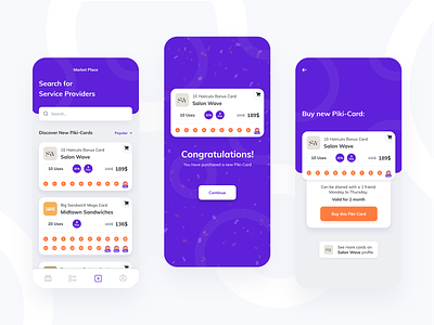 Piki - Loyalty Cards App application buy confetti congratulation discover loyalty cards market place mobile app design orange product design punch cards purple search uiux user interface design