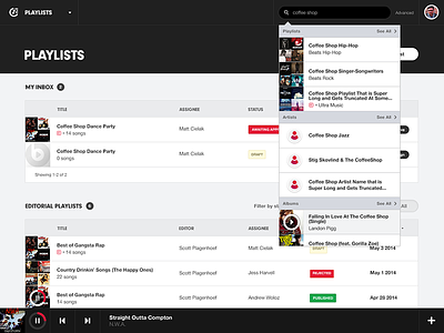 Playlists Management Tool dashboard music search ui ux visual design