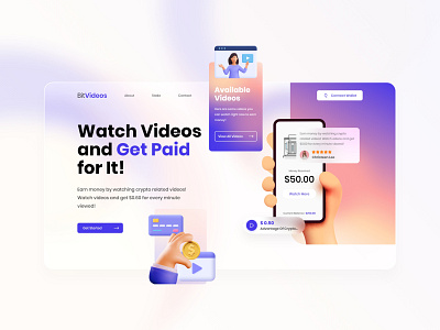 BitVideos clean design crypto crypto coin digital coin digital currency earn money glassmorphism gradient nft non fungible tokens online earning ui user experience user interface ux video web design