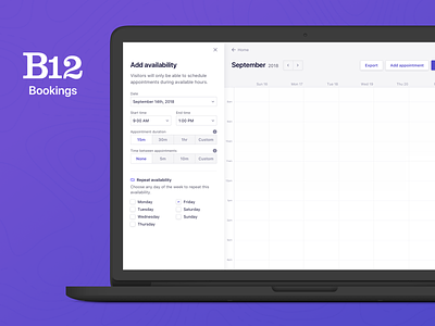 B12 Bookings admin design appointment appointments availability booking bookings clean purple schedule scheduling sf ui