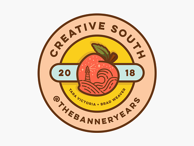 Creative South 2018 badge branding circle badge illustration lighthouse line illustration logo mental health peach stars tattoo waves
