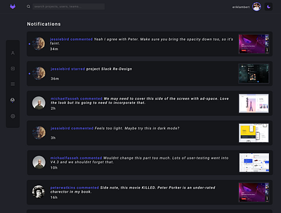 Notifications for DesignHub (in light and dark mode) clean comment dark dark mode dark theme dark ui dashboard dashboard ui design designhub figma light mode like minimal notification center notifications ui ux web app