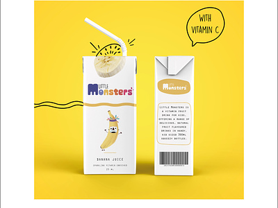 Banana Juice for "Little Monsters" - BRANDING branding design fruit illustration juice kids logo monster packaging pattern