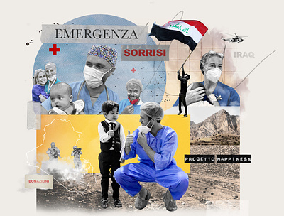 Progetto Happiness x Emergenza Sorrisi ONLUS collage design illustration iraq vintage