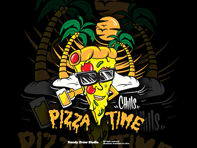 Pizza Time on Vacation Paradise Cheers Beer Sunset Island Summer best design bestselling chill clothing hendydraw illustration newest paradise pizza character streetwear summer vibe surfer travel tshirt tshirt design vacation