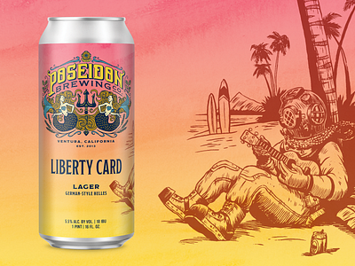 Liberty Card Lager beach beer can craft beer diver diving hawaii illustration label packaging palm tree surfing ukelele