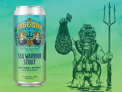 Sea Warrior Stout beer can craft beer diver diving helmet illustration ink ocean packaging sea trident vintage woodcut
