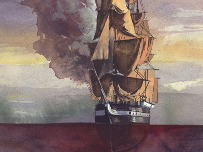 Consumption america boat illustration ocean oil sail ship smoke watercolor whaling