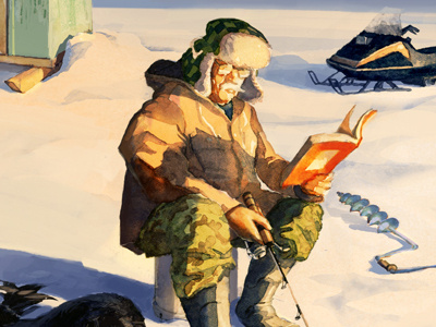 Hard Water Paperback book digital fishing ice illustration old man painting snowmobile water winter