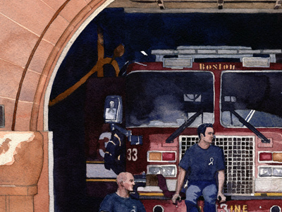 Engine 33 fire station firemen firetruck illustration painting watercolor