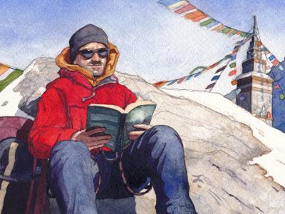 Summit book climber himalayas mountain peak prayer flag reading snow summit tibet winter