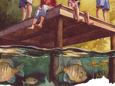 Helen's Dock childhood dock editorial family fish fishing illustration lake nostalgia outdoors underwater watercolor