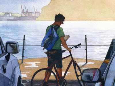 Puget Sound car coast cyclist ferry illustration ocean outdoors pacific northwest painting seattle washington watercolor