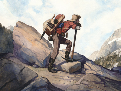 Prospector gold rush illustration mountains old west outdoors painting vintage watercolor