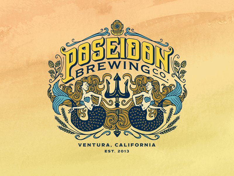 Poseidon Brewing Co. beer brewery california craft beer design diving helment illustration logo mermaid ocean rebrand trident