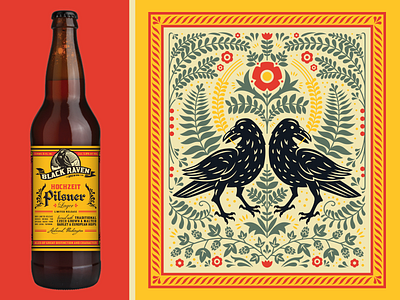 Hochzeit Pilsner beer bird bottle craft beer crow floral folk art german illustration label packaging raven summer