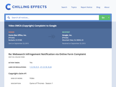 DMCA Takedown attachments bar header navigation notice search