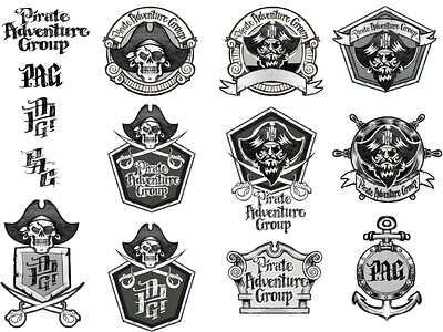 Pirate Adventure Logos WIP crest custom type enclosures monogram pencil sketch pirates skulls swords wip