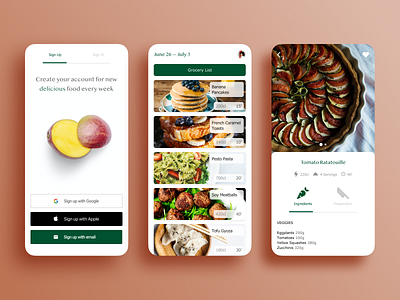 Mobile App — Vegan/vegetarian Recipes Weekly app food healthy minimal minimalism mobile recipes sign up vegan vegan food