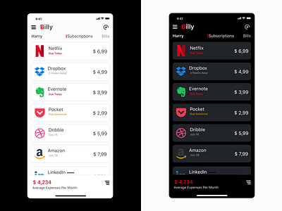 Billy - Subscription Manager app design appstore bills branding dark design hsg instagram ios light mobile app design netflix reminder subscriptions ui