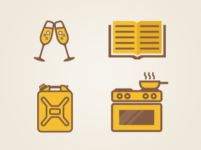 Project Icons anniversary book brown champagne gas oil pot stove water yellow