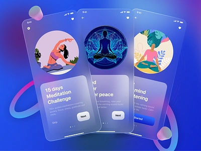 Meditation App UI Design app app illustration clean design figma glass glassmorphism meditate meditation minimal mobile modern design popular design relaxation app trendy typograph ui ui ux ux yoga app