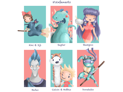 Six Fan Arts #2 anime calvin and hobbes characterdesign characters digitalart disney donatello doodle drawing hades illustration kikis delivery service ninja turtles painting photoshop ranma reptar shampoo sketch studioghibli