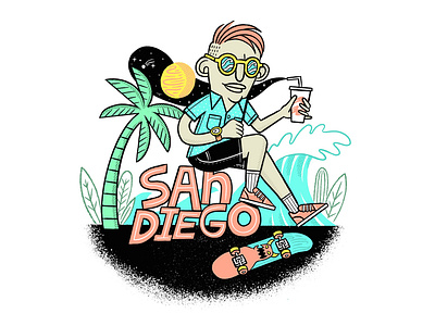 San Diego beach california cartoon dude galaxy guy man midcentury palm tree pavement planet plants san diego skateboard space stars sunglasses surf toymachine waves