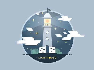 Lighthouse circle clouds flag illustration light lighthouse night sea stars