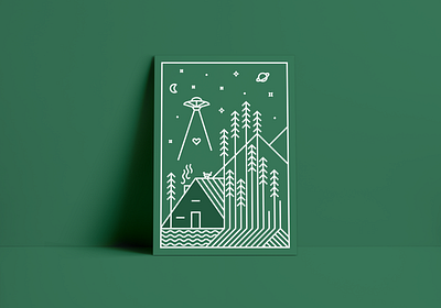You'll Lose Your Heart in the Woods aliens cabin design forest green illustration line planet poster space trees ufo vector woods