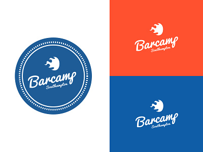 Barcamp Branding blue branding circle flame logo orange script stamp