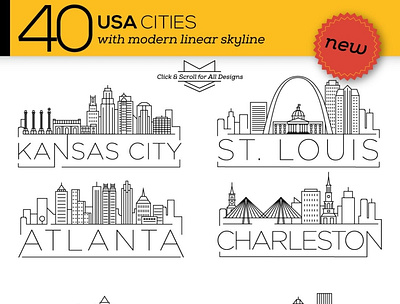 40 USA Cities Linear Skyline branding dashboard design flat icons graphic design icon icons icons design logo social media startup startup icon