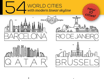 54 Different World Cities Skyline branding dashboard design flat icons graphic design icon icons icons design social media startup icon