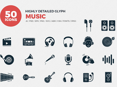 Glyph Icons Music Set branding dashboard design flat icons graphic design icon icons icons design logo music social media startup icon