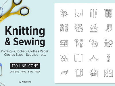120 Knitting & Sewing Icons branding clothes dashboard design flat icons graphic design icon icons icons design knitted knitting logo sewing social media startup icon
