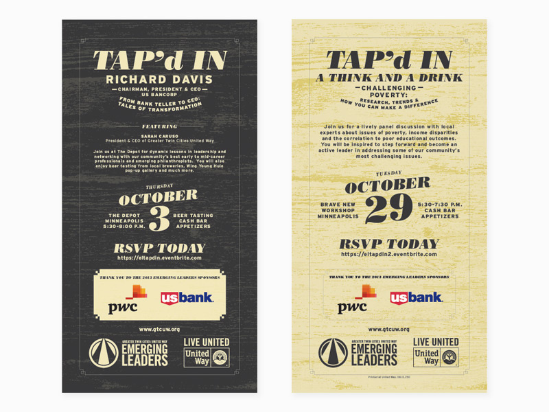 Tap'd In Invite twin cities minnesota typography wood grain emerging leaders greater twin cities united way united way tapd in print design print card invite