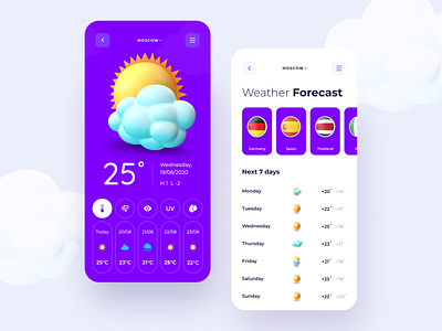 Weather app 3D style 3d app application clean cloudy design flat icon illustration mobile purple sunny temperature ui uiux ux uxui weather weather app weather forecast