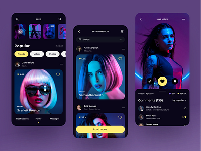 Social network for photographers - Mobile App (Dark Theme) app application dark design feed figma mobile mobile app model neon photographer social social app social net social network socialmedia ui uiux ux uxui