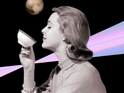 Woman with coffee collage planet star vintage woman