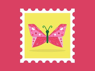 Butterfly Stamp butterfly fly pink square stamp design yellow