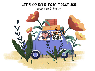 Let's go on a trip together. animation app blue car design flower girl graphic green illustration international internet ux