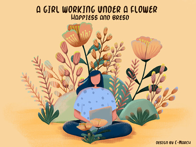 A girl working under a flower app blue design flower girls graphic green illustration logo typography web work