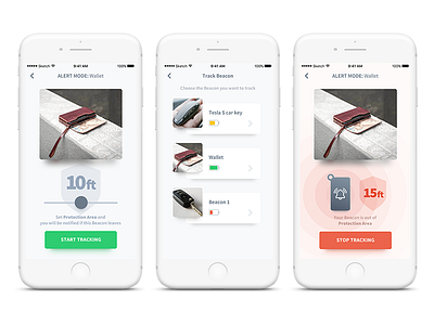 Object Tracking App - main screens alert alert mode bluetooth find object object tracking protection area safe tracker tracking