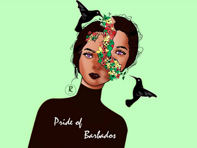 Pride of Barbados art birds black flowers girl illustration red