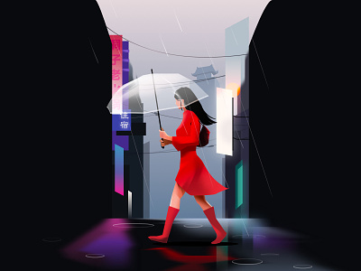 Rainy day illustration raining red dress walking woman